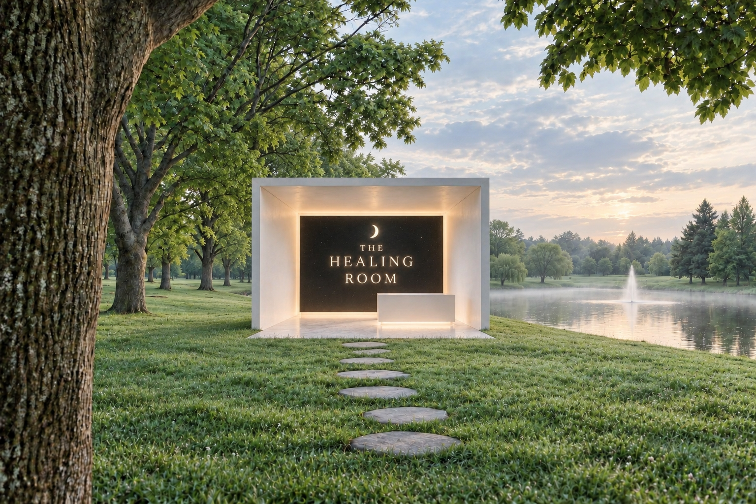 The Healing Room in a quiet green park beside a pond